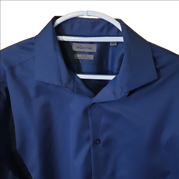 ck Calvin Klein Slim Fit Royal Blue Button Up Dress Shirt Men Size 18 (32/33) - Picture 2 of 13
